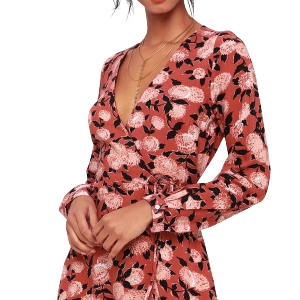 Obey Darcey Wrap Floral Dress M Medium Long Sleeve Rusty Rose Grunge Boho
